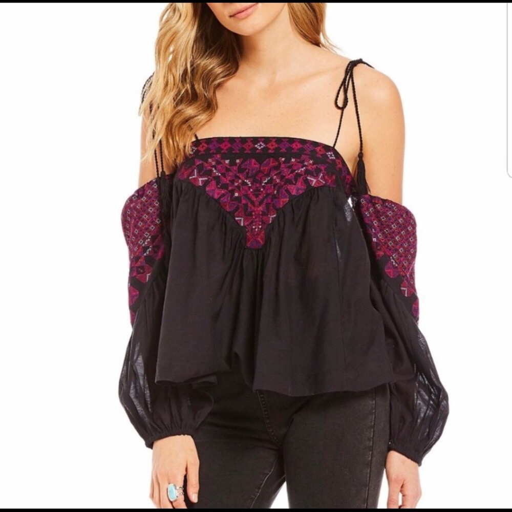 Free People Black Embroidered Off Shoulder Top